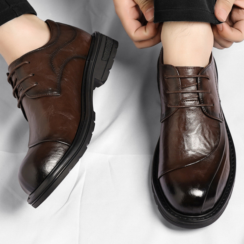 Men Formal Wear Wedding - Brązowe, postarzane, skórzane, sznurowane buty na
