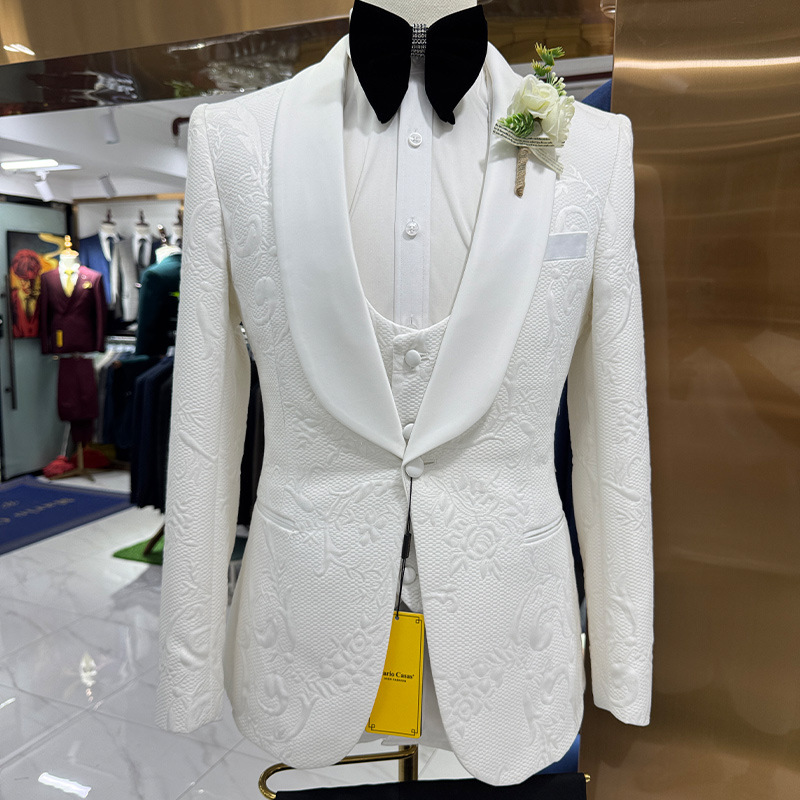 Men Formal Wear Pants - Męski garnitur ślubny biały 3-częściowy żakardowy