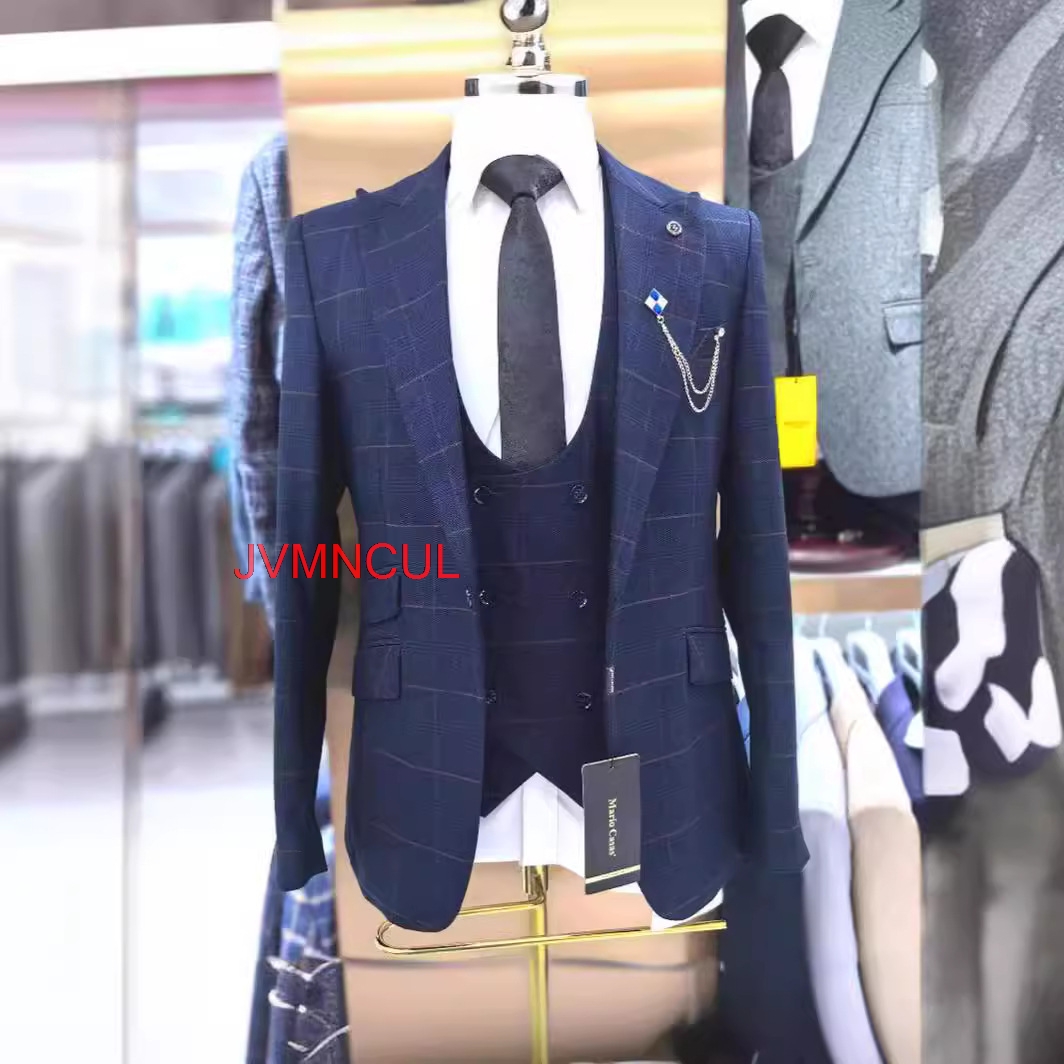 Men Formal Wear Pants - Męski garnitur w kratę, 3-częściowy, slim