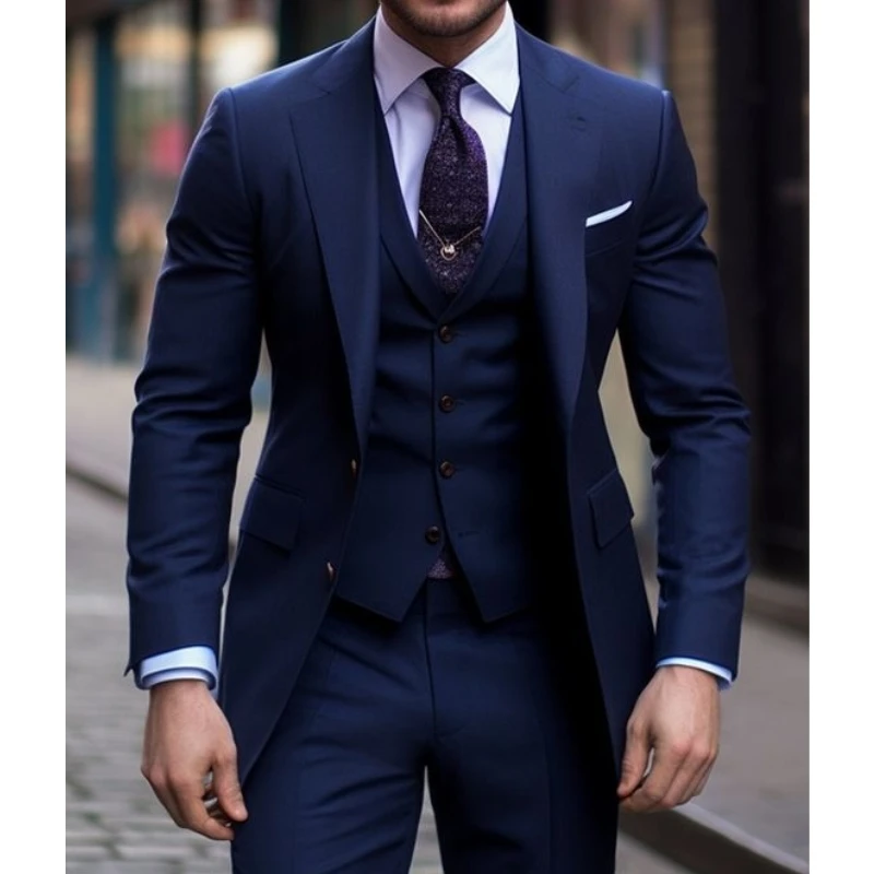 Men Formal Wear With Blazer - Granatowy 3-częściowy garnitur męski Slim Fit