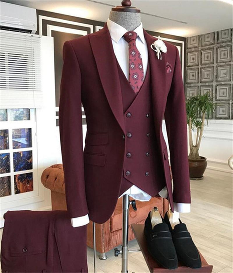 Men Formal Wear With Blazer - 2021 bordowy podwójnie zapinana kamizelka kostium