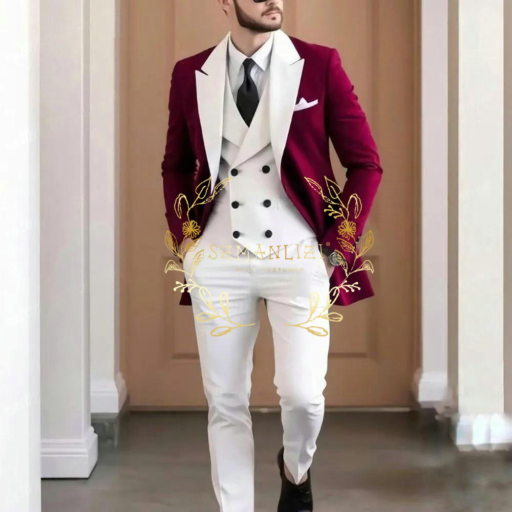 Elegant Formal Men'S Wear - Elegancki bordowy 3-częściowy garnitur męski wysokiej
