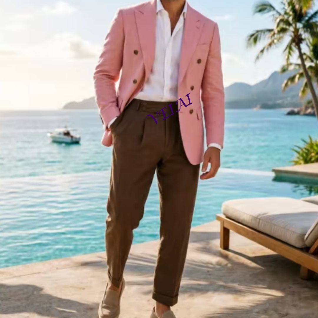 Men'S Holiday Formal Wear - Dwuczęściowy, beżowy, lniany garnitur męski dwurzędowy,