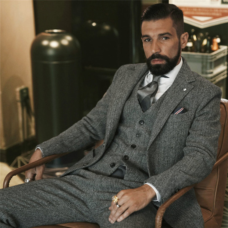 Men Formal Wear Wedding - Szary wełniany tweedowy garnitur zimowy dla
