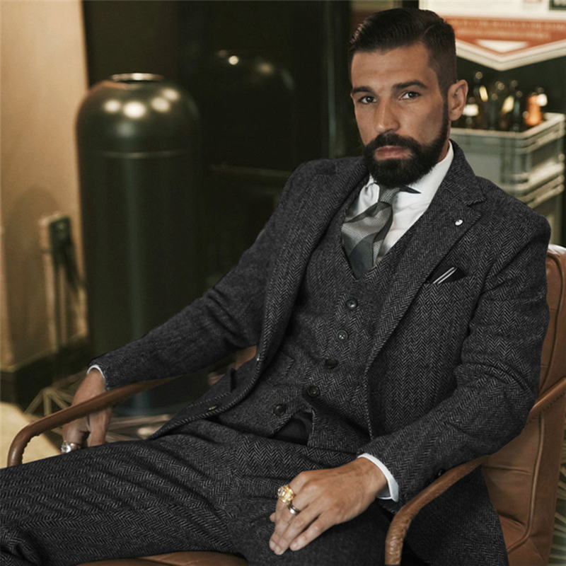 Szary wełniany tweedowy garnit – Men Formal Wear Wedding recenzja i cena