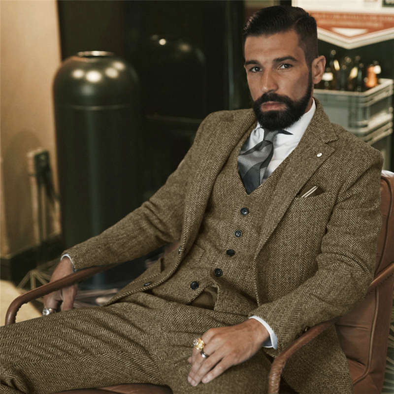 Szary wełniany tweedowy garnit – Men Formal Wear Wedding recenzja i cena